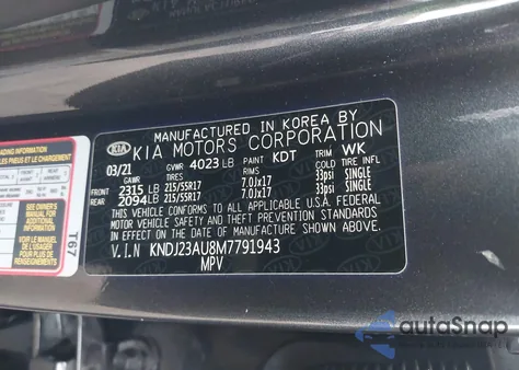 2021 Kia Soul S из США, поврежденный, VIN KNDJ23AU8M7791943